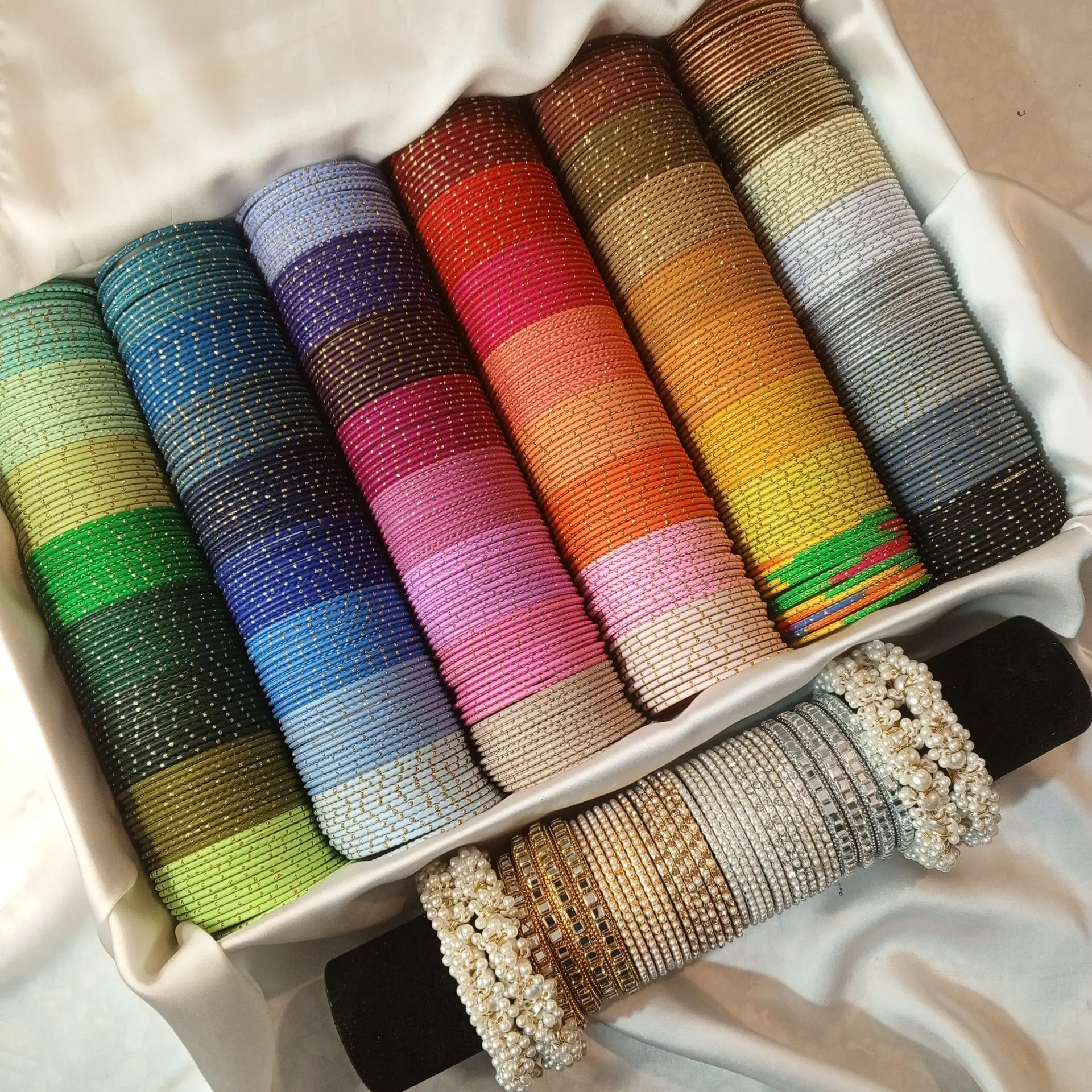 48 Color Bundle of Matt Metal Dot Glitter Bangles along with multiple Karay and Gajray